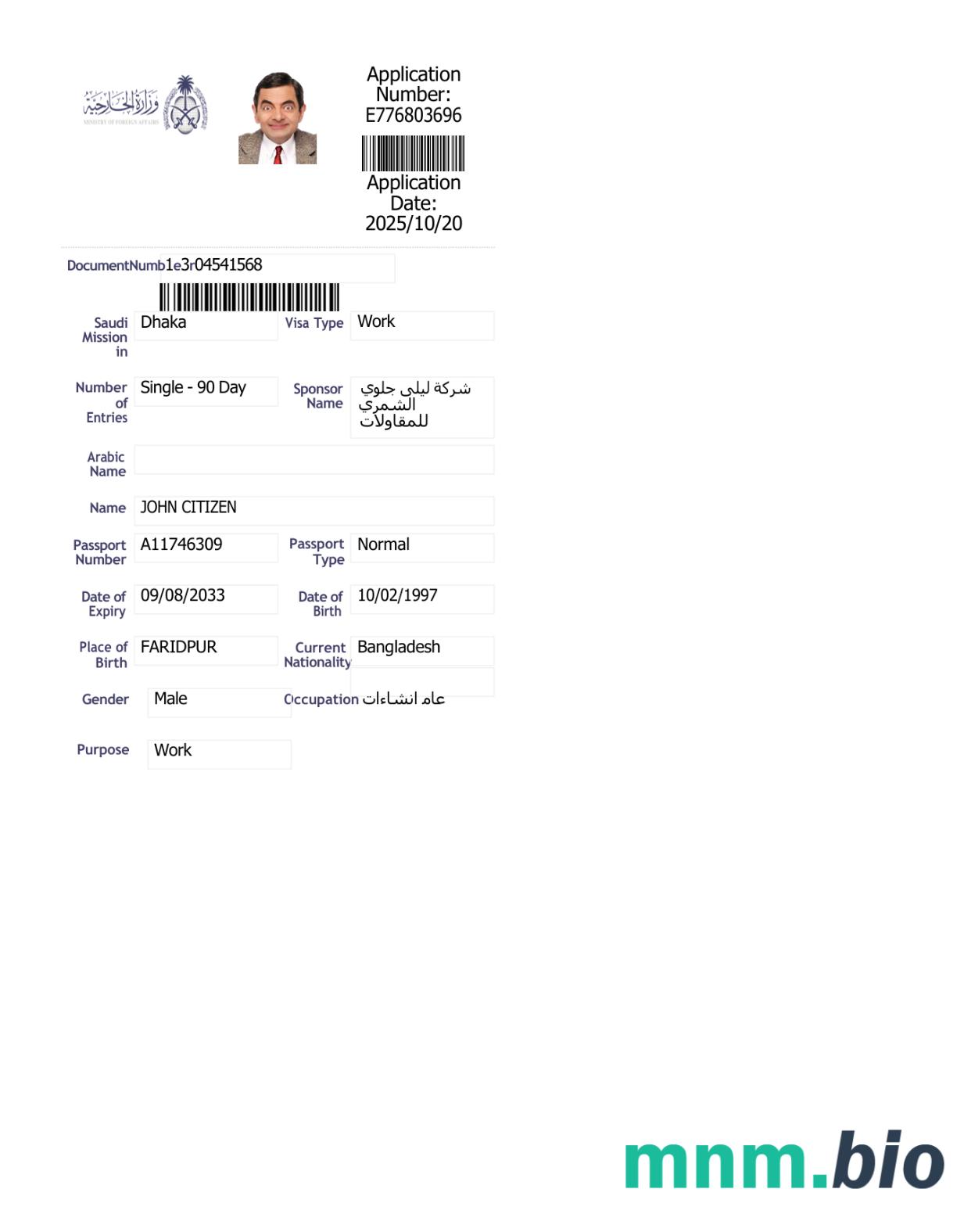 Szablon e-visa do Arabii Saudyjskiej w wersji 5